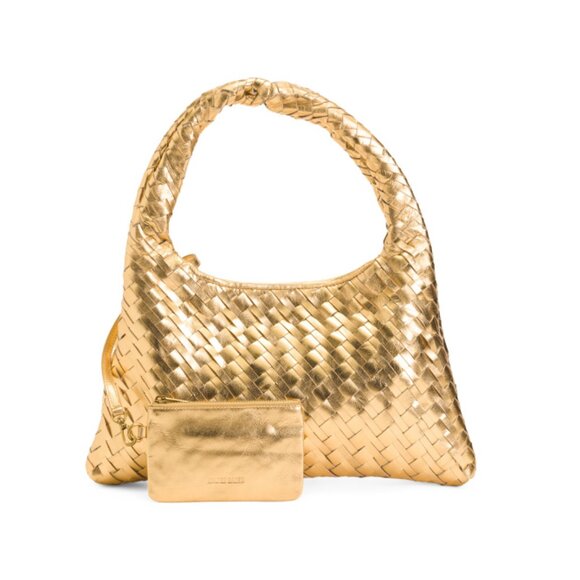 WALTER BAKER Gold Leather Haven Small Hand Woven Hobo With Detachable Wristlet - Picture 1 of 2